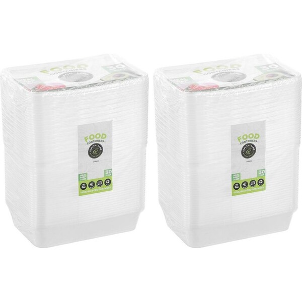 2x 30PK Lemon & Lime Reusable 500ml Rectangle Food Container/Storage w/Lid Clear