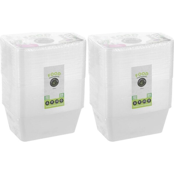 2x 25PK Lemon & Lime Reusable 1L Rectangle Food Container/Storage w/ Lid Clear