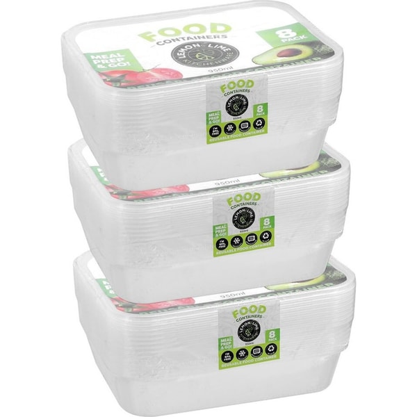 3x 8PK Lemon & Lime Reusable 950ml Rectangle Food Container/Storage w/ Lid Clear