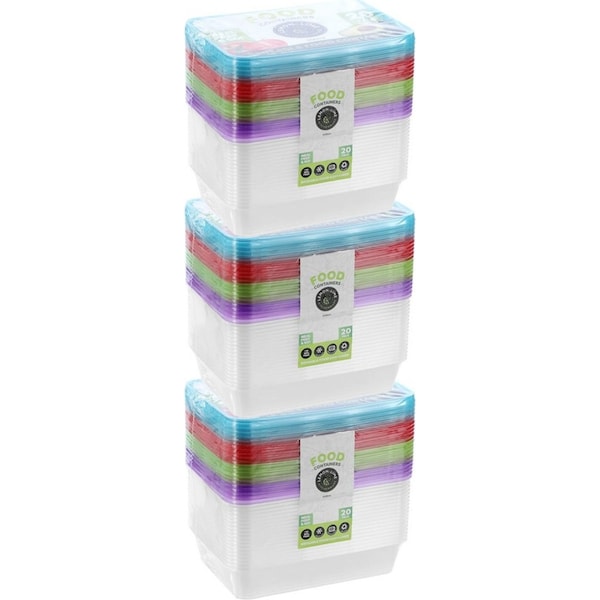 3x 20PK Lemon & Lime Rectangle 500ml Reusable Food/Container w/ Coloured Lids