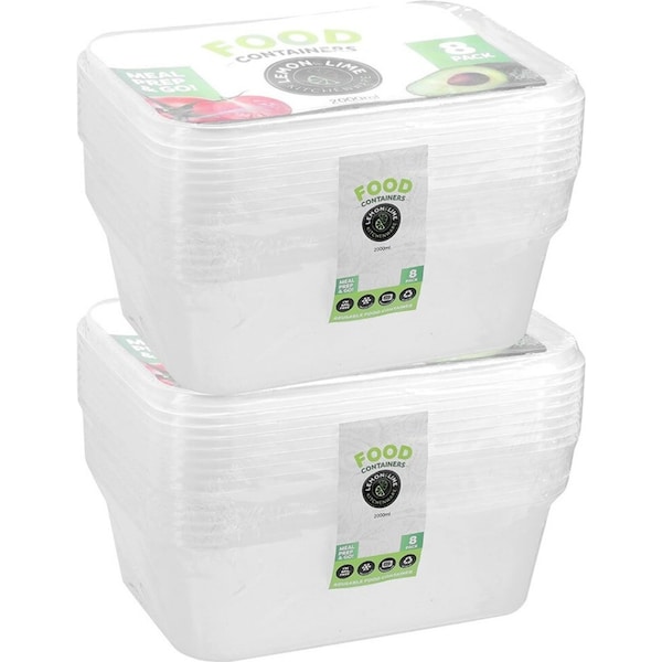 2x 8PK Lemon & Lime Reusable 2L Rectangle Food Container/Storage w/ Lid Clear