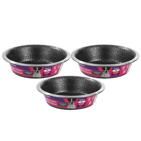 3x Paws & Claws Pet/Dog 14cm/400ml Stainless Steel Bowl/Feeder Speckled Gunmetal
