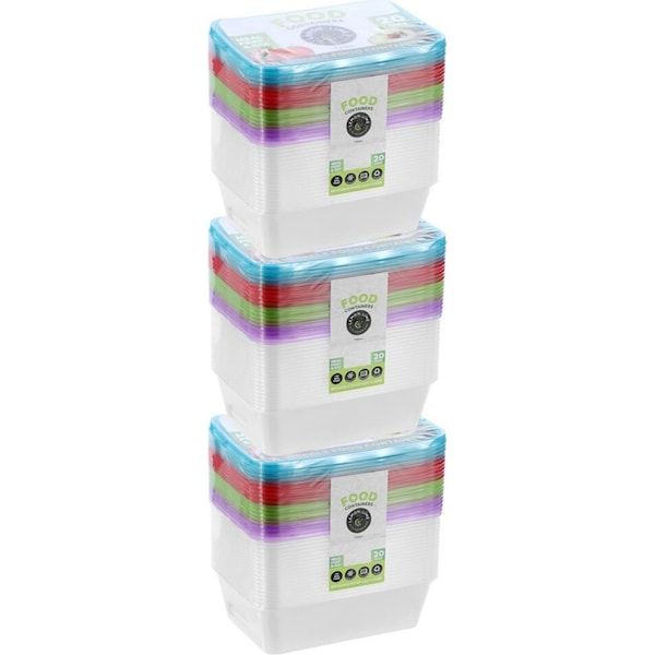 3x 20PK Lemon & Lime Rectangle 750ml Reusable Food Container w/ Coloured Lids