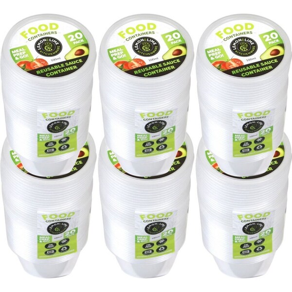 6x 20PK Lemon & Lime Round 100ml Reusable Sauce Dipping Container/Storage w/Lid
