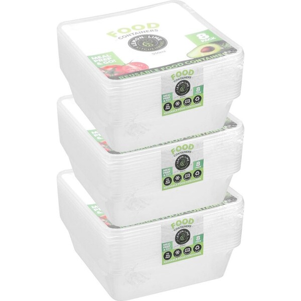 3x 8PK Lemon & Lime 950ml Reusable Food Container/Storage Square w/ Lid Clear