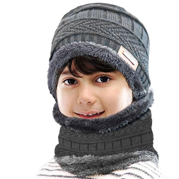 Winter Knitted Hat Kids Child Neck Warm Chunky Beanie Grey