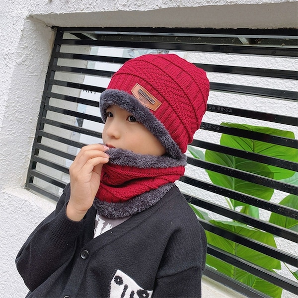 Winter Knitted Hat Kids Child Neck Warm Chunky Beanie Red