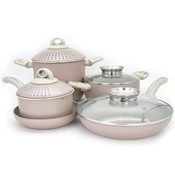 Pensofal 9pc Set, 2 Frypans, PastasiBaby/Family, Saucepan, GlassLids, Rose Pink