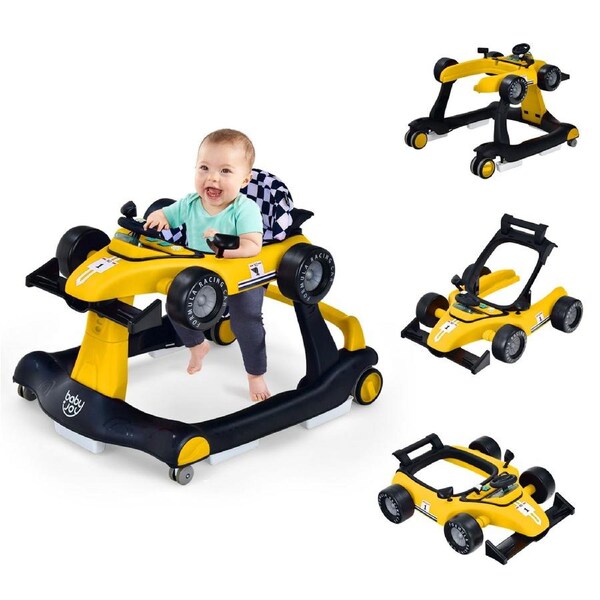 Costway 4-In-1 Foldable Walker Stroller Push Car Adjustable Ride On Toys Activity Center Music Box & Wheels Gift Yellow