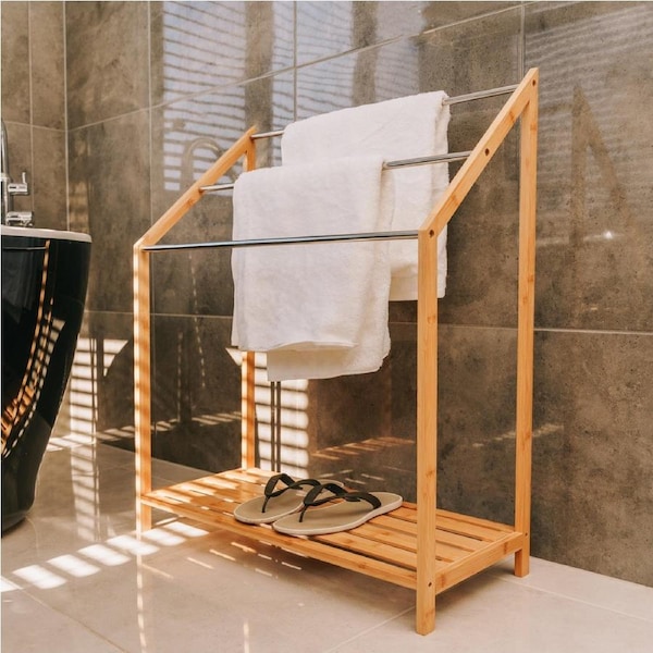 85cm Standing Towel Rack - Bamboo Towel Bar Metal 3-Tier