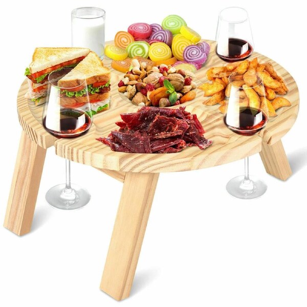 Mini Picnic Table with Glass Holder Wooden Folding Wine Table for Beach Garden Party Boat Camping Picnic