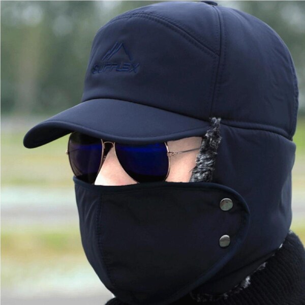 Mens Warm Winter Fur Trapper Hat With Balaclava Mask Midnight Blue