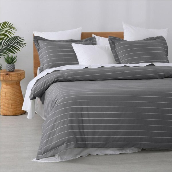 King Single Studio Stripe Slate Charcoal Quilt Cover Set