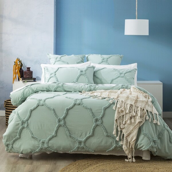 Renee Taylor Moroccan Super King Bed Quilt Cover Cotton Chenille Tufted Sage