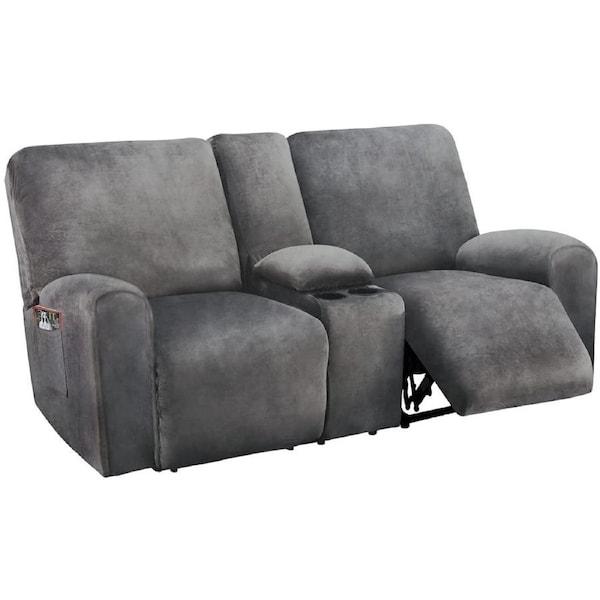 2 Seater with Middle Console Slipcover, Velvet Stretch Loveseat Reclining Sofa Covers, Thick, Soft, Washable, Grey