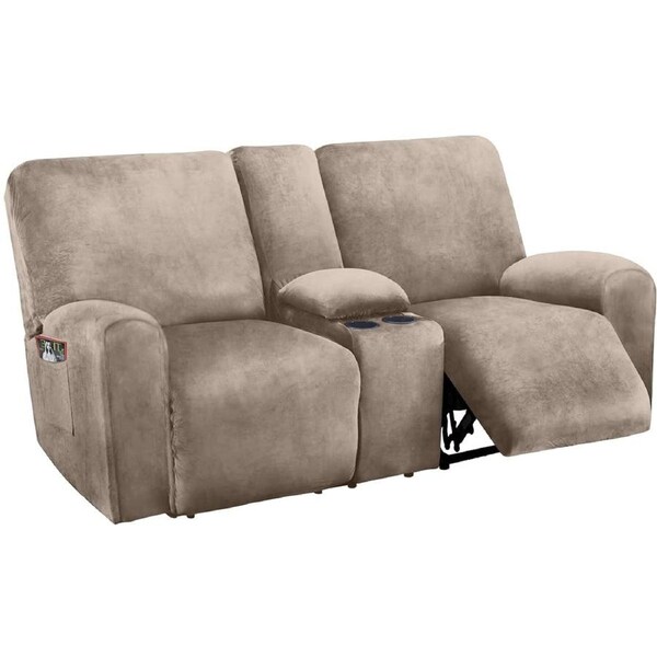 2 Seater with Middle Console Slipcover, Velvet Stretch Loveseat Reclining Sofa Covers, Thick, Soft, Washable, Taupe