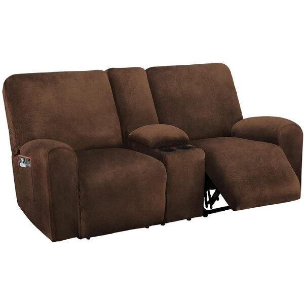 2 Seater with Middle Console Slipcover, Velvet Stretch Loveseat Reclining Sofa Covers, Thick, Soft, Washable, Brown