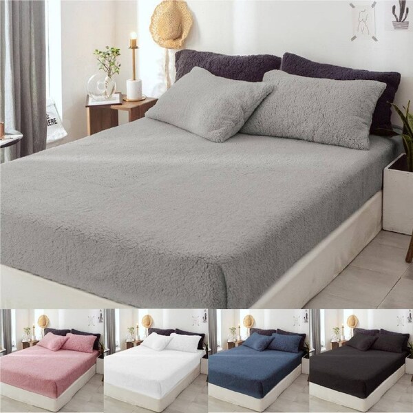Luxor Teddy Bear Fleece Fitted Sheet + Pillowcase Set in 5 Colors King Single / White