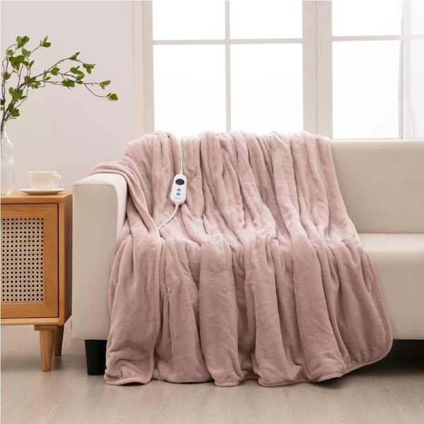Dreamaker Kingston Coral Fleece Electric Heated Throw Blanket Washable Blush Pink 180x200cm