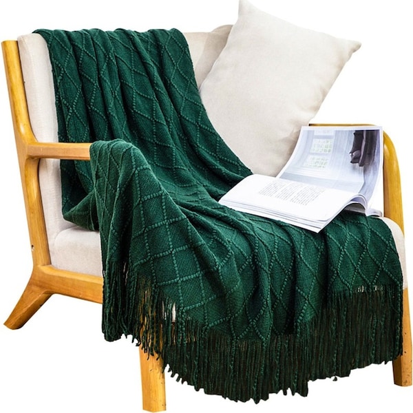 SOGA Green Diamond Pattern Knitted Throw Blanket Warm Cozy Woven Cover Couch Bed Sofa Home Decor with Tassels
