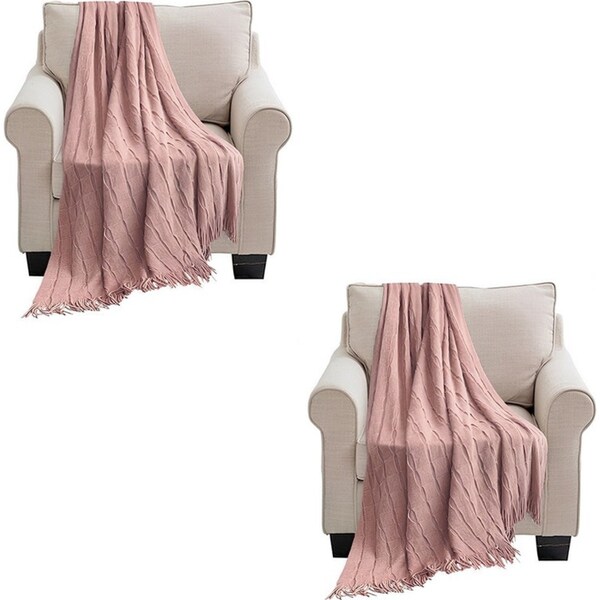 SOGA 2X Pink Textured Knitted Throw Blanket Warm Cozy Woven Cover Couch Bed Sofa Home Decor with Tassels