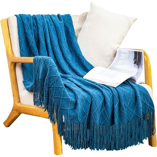 SOGA Blue Diamond Pattern Knitted Throw Blanket Warm Cozy Woven Cover Couch Bed Sofa Home Decor with Tassels