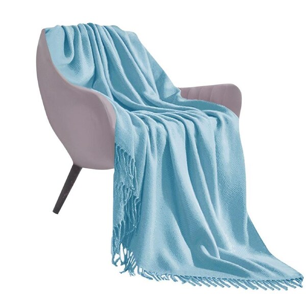 SOGA Sky Blue Acrylic Knitted Throw Blanket Solid Fringed Warm Cozy Woven Cover Couch Bed Sofa Home Decor