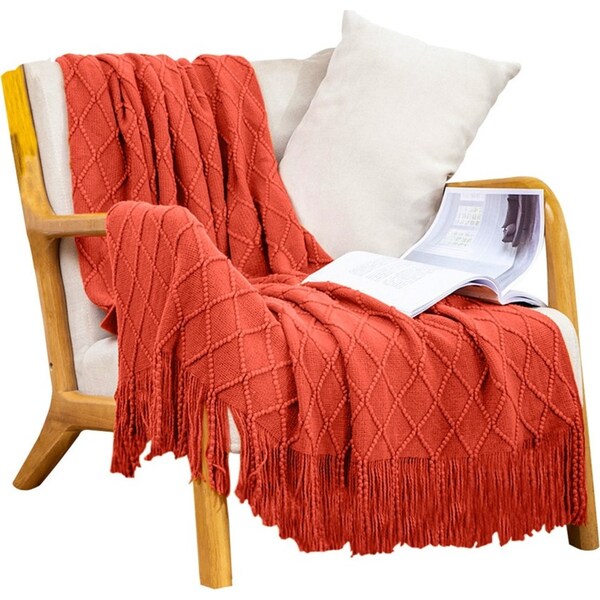SOGA Red Diamond Pattern Knitted Throw Blanket Warm Cozy Woven Cover Couch Bed Sofa Home Decor with Tassels