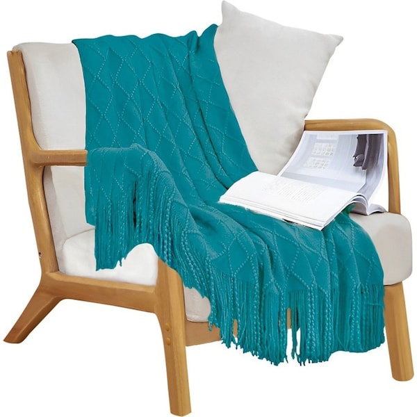 SOGA Teal Diamond Pattern Knitted Throw Blanket Warm Cozy Woven Cover Couch Bed Sofa Home Decor with Tassels