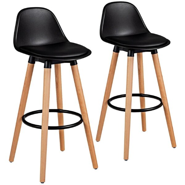 Costway Upholstered Bar Stool Wood Metal Dining Chair w/Footrest Kitchen Counter Cafe Pub Black