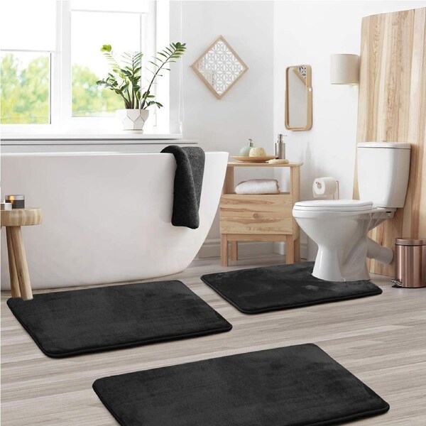Bathroom Rugs Memory Foam Bath Mat Set for Bathroom, Non Slip Absorbent Velvet - Fast Drying –Bathroom Rug and Contour Rug Set 3 Piece - Black
