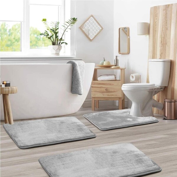 Bathroom Rugs Memory Foam Bath Mat Set for Bathroom, Non Slip Absorbent Velvet - Fast Drying –Bathroom Rug and Contour Rug Set 3 Piece -Silver Gray