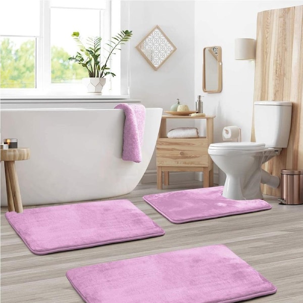 Bathroom Rugs Memory Foam Bath Mat Set for Bathroom, Non Slip Absorbent Velvet - Fast Drying –Bathroom Rug and Contour Rug Set 3 Piece -Lavender