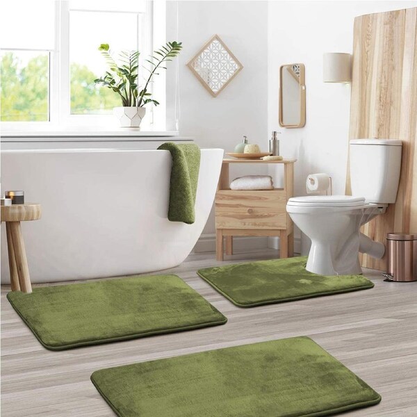 Bathroom Rugs Memory Foam Bath Mat Set for Bathroom, Non Slip Absorbent Velvet - Fast Drying –Bathroom Rug and Contour Rug Set 3 Piece -Olive Green