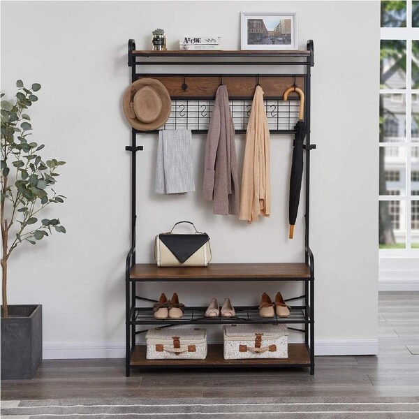 5-In-1 Entryway Hall Tree with Shoe Bench, Coat Rack with 11 Hooks and 2 Hanging Rods,Brown Finish