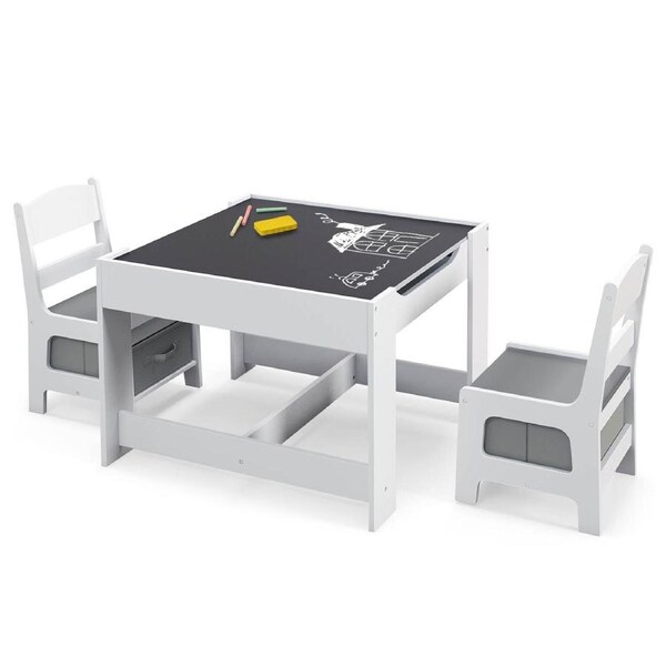 Costway 3Pcs Table and Chairs Set w/Storage Box Toy Play Desk Furniture Removable Tabletop Study Drawing Xmas Gift Grey