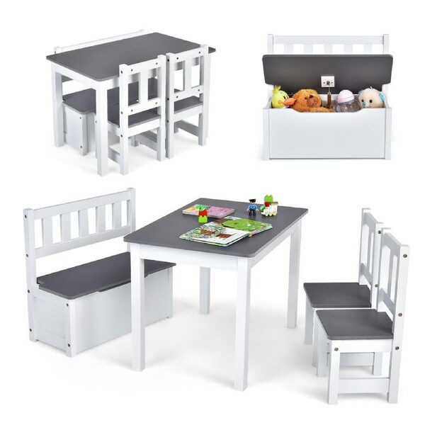 Costway 4pcs Table Chairs Storage Box Rectangle Playing Desk Bench Set Wooden Furniture Drawing Study Grey