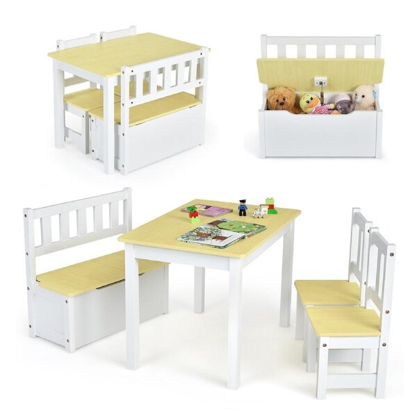 Costway 4PCS Table Chairs Storage Box Rectangle Playing Desk Bench Set Wooden Furniture Drawing Study Natural