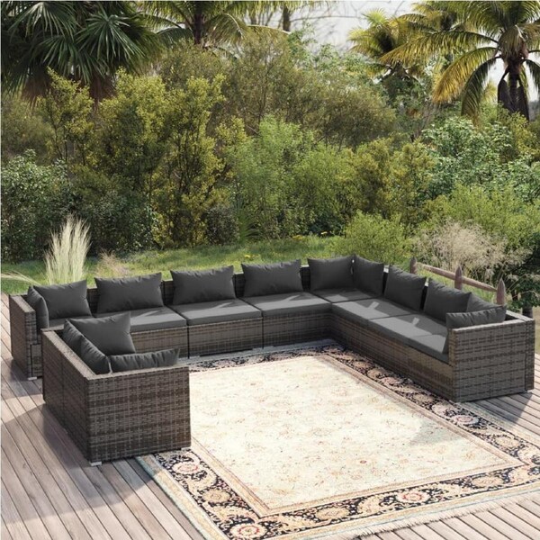 10 Piece Garden Lounge Set with Cushions Grey Poly Rattan vidaXL