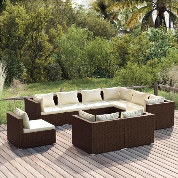 9 Piece Garden Lounge Set with Cushions Poly Rattan Brown vidaXL
