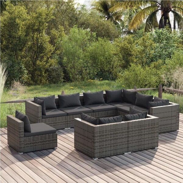 9 Piece Garden Lounge Set with Cushions Poly Rattan Grey vidaXL