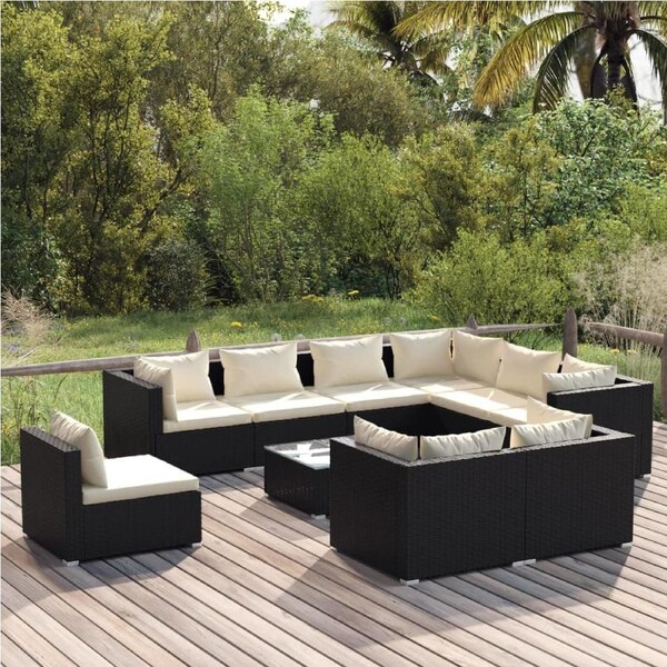 10 Piece Garden Lounge Set with Cushions Poly Rattan Black vidaXL