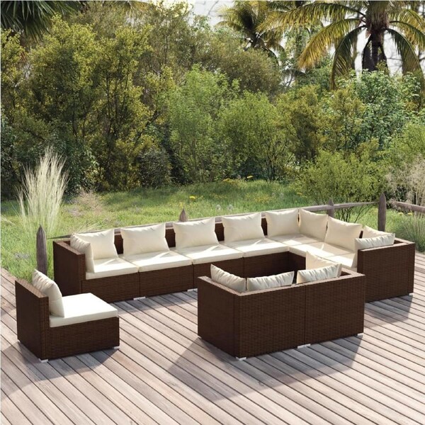 10 Piece Garden Lounge Set with Cushions Poly Rattan Brown vidaXL