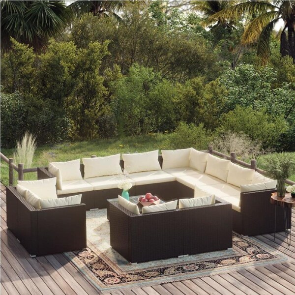 12 Piece Garden Lounge Set with Cushions Black Poly Rattan vidaXL