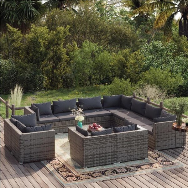 12 Piece Garden Lounge Set with Cushions Grey Poly Rattan vidaXL