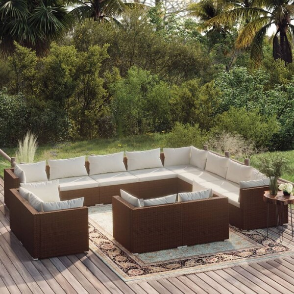 12 Piece Garden Lounge Set with Cushions Brown Poly Rattan vidaXL