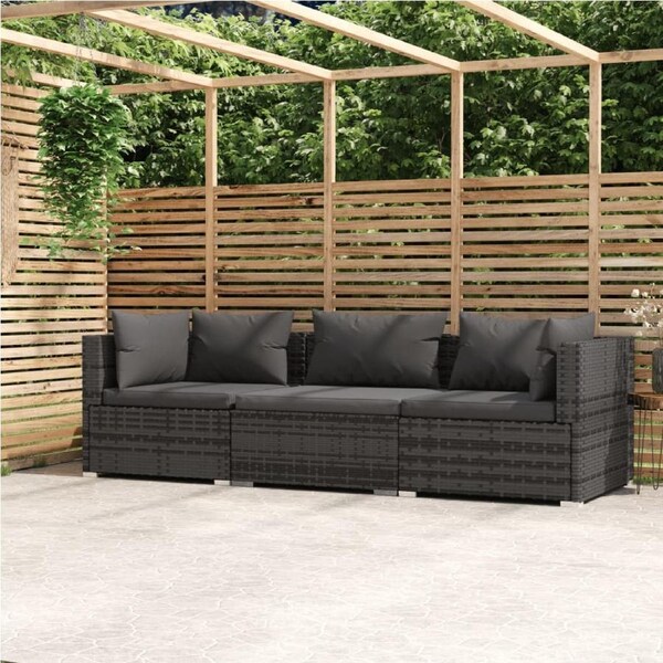 3-Seater Sofa with Cushions Grey Poly Rattan vidaXL