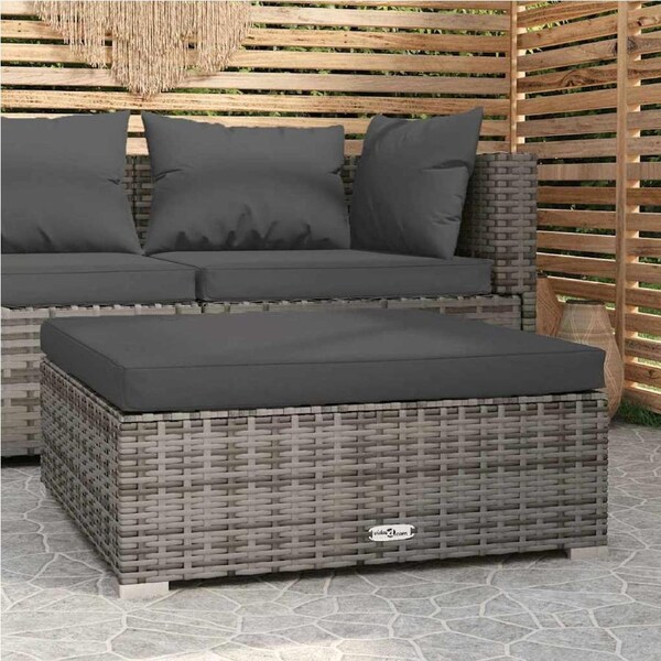Garden Footrest with Cushion Grey 70x70x30 cm Poly Rattan vidaXL