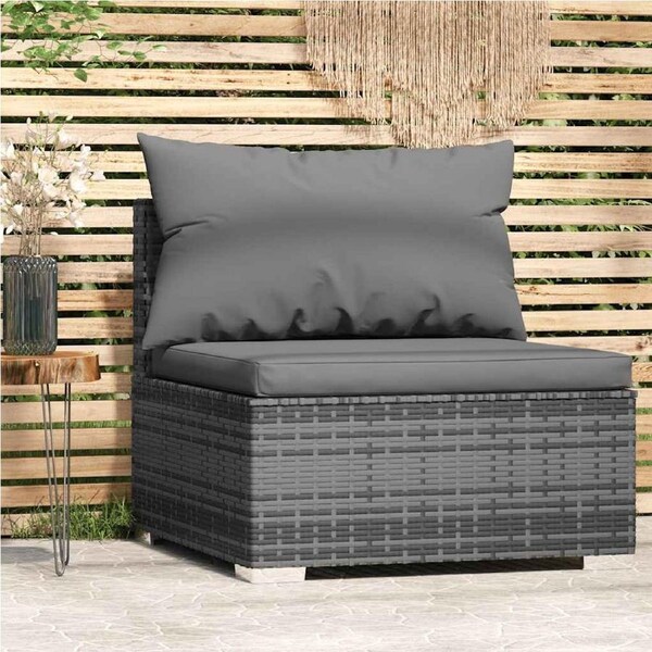 Garden Middle Sofa with Cushions Grey Poly Rattan vidaXL