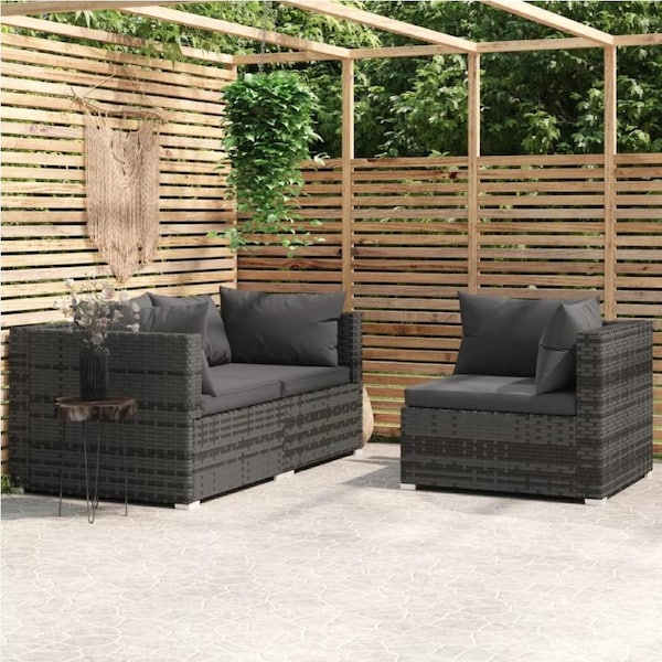 3 Piece Garden Lounge Set with Cushions Grey Poly Rattan vidaXL